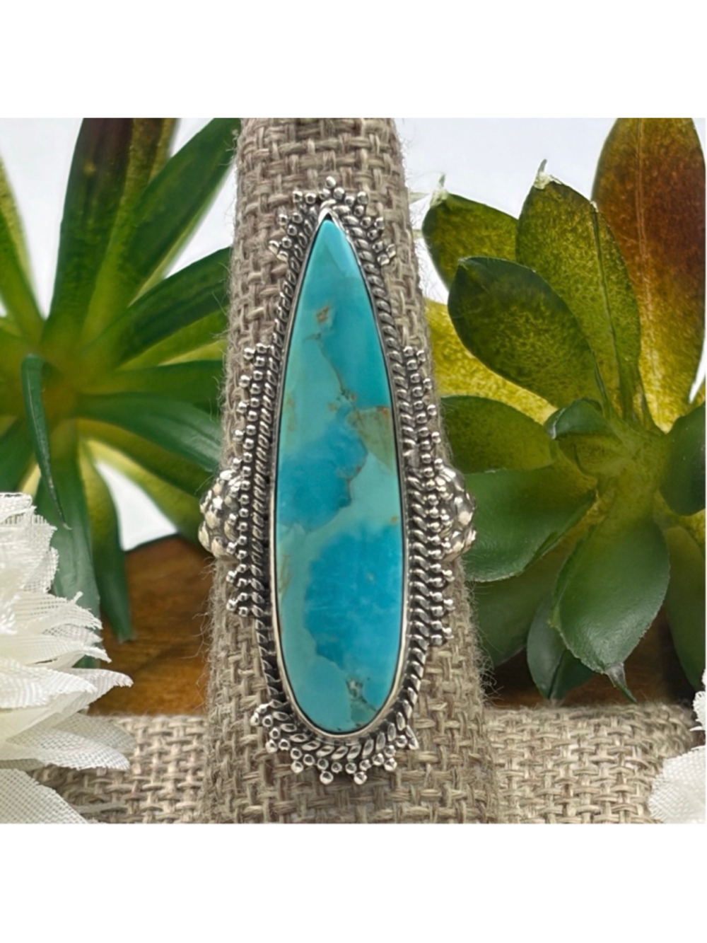 Sterling Silver 925 Turquoise Ring Size 7 Long Boho Southwest Blue New - Picture 4 of 13